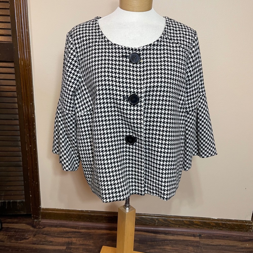 Worthington Petite XL Houndstooth Cropped Jacket Black White Wide Bell Sleeve